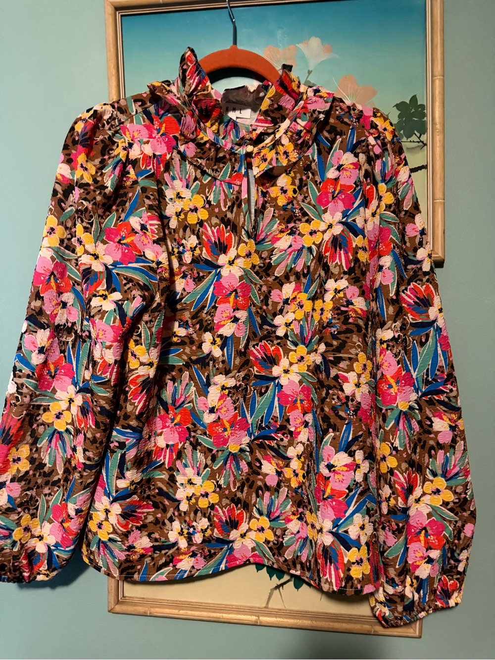 THML Brown Floral Ruffle-Neck Long Sleeve Blouse